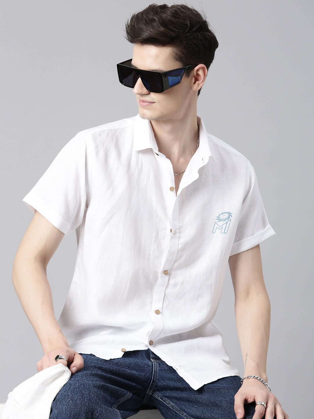 MI: Men White Back Printed Hemp Half Sleeves Shirt - MI Shop