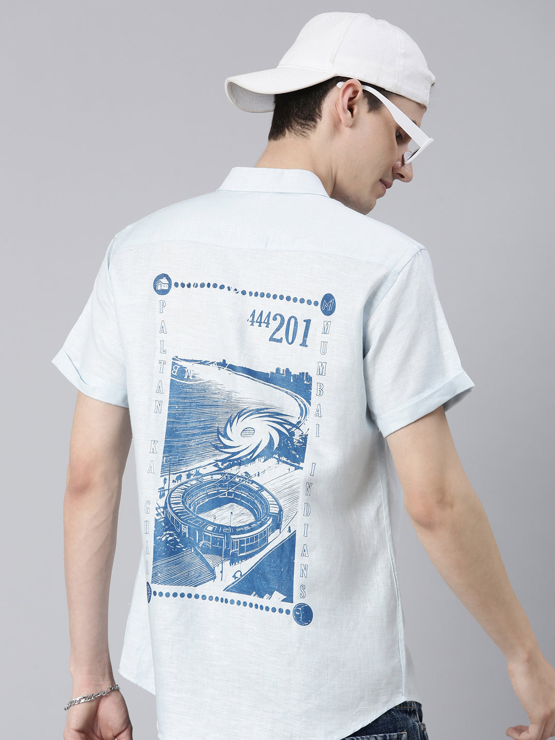 MI: Men Light Blue Back Printed Hemp Half Sleeves Shirt - MI Shop