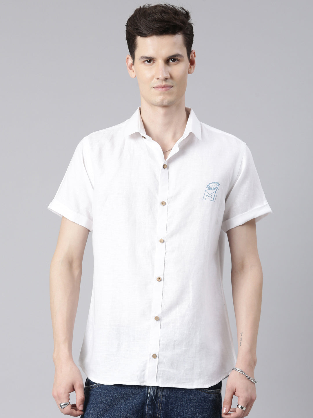 MI: Men White Back Printed Hemp Half Sleeves Shirt - MI Shop
