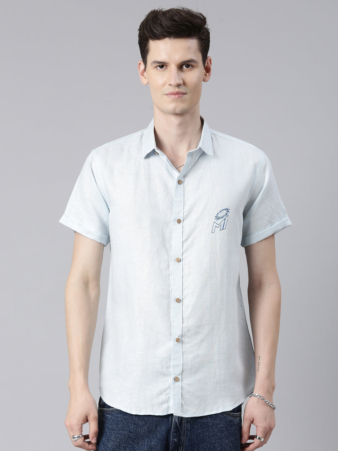 MI: Men Light Blue Back Printed Hemp Half Sleeves Shirt - MI Shop