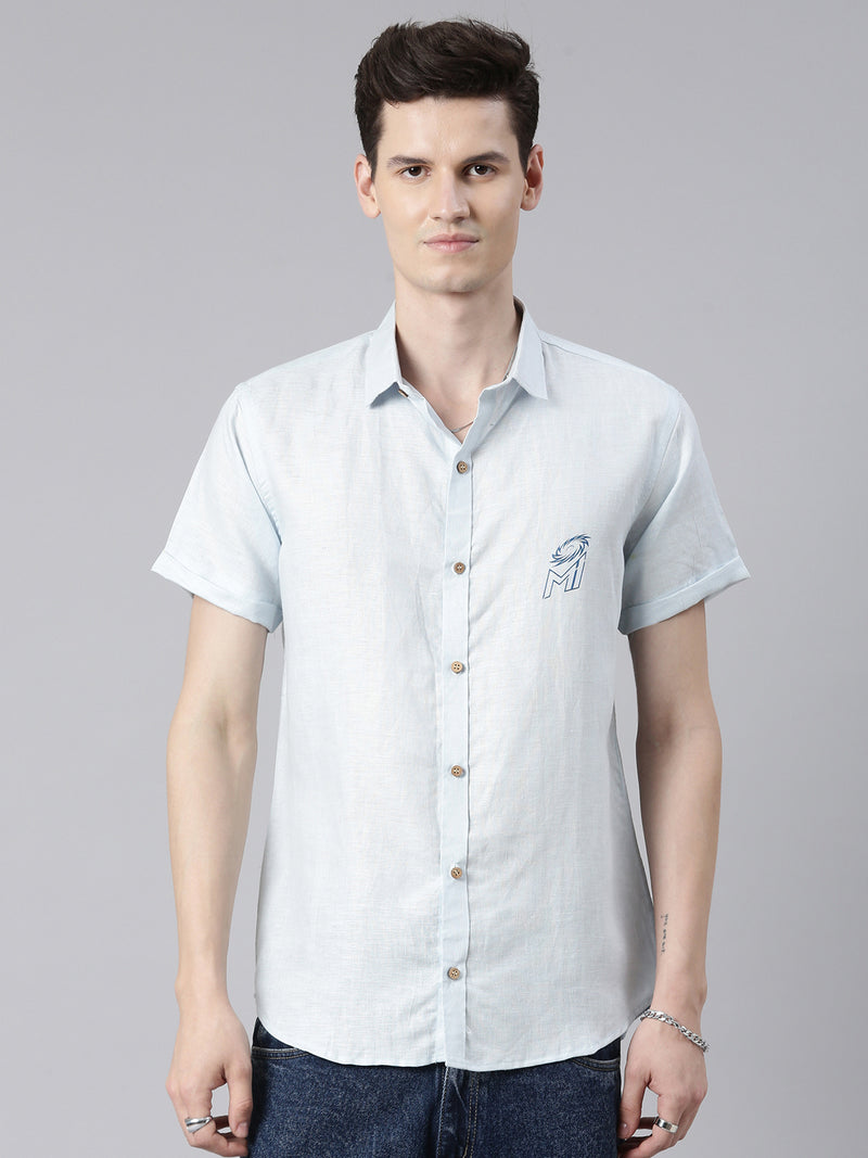 MI: Men Light Blue Back Printed Hemp Half Sleeves Shirt - MI Shop