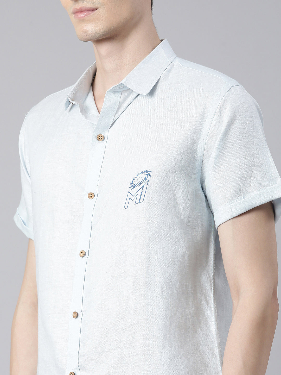 MI: Men Light Blue Back Printed Hemp Half Sleeves Shirt - MI Shop