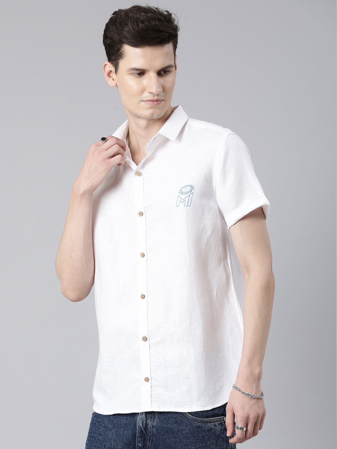 MI: Men White Back Printed Hemp Half Sleeves Shirt - MI Shop