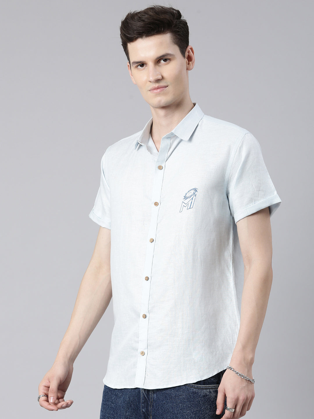 MI: Men Light Blue Back Printed Hemp Half Sleeves Shirt - MI Shop