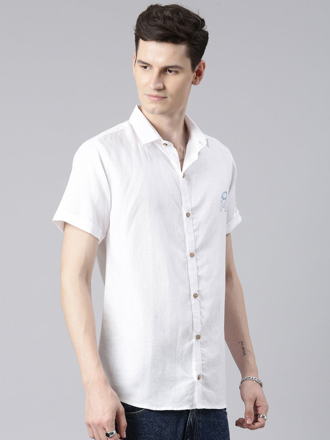 MI: Men White Back Printed Hemp Half Sleeves Shirt - MI Shop