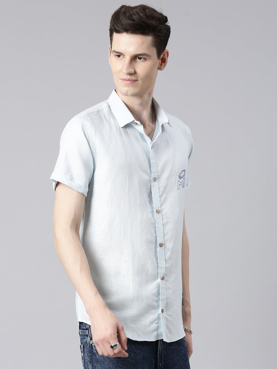 MI: Men Light Blue Back Printed Hemp Half Sleeves Shirt - MI Shop