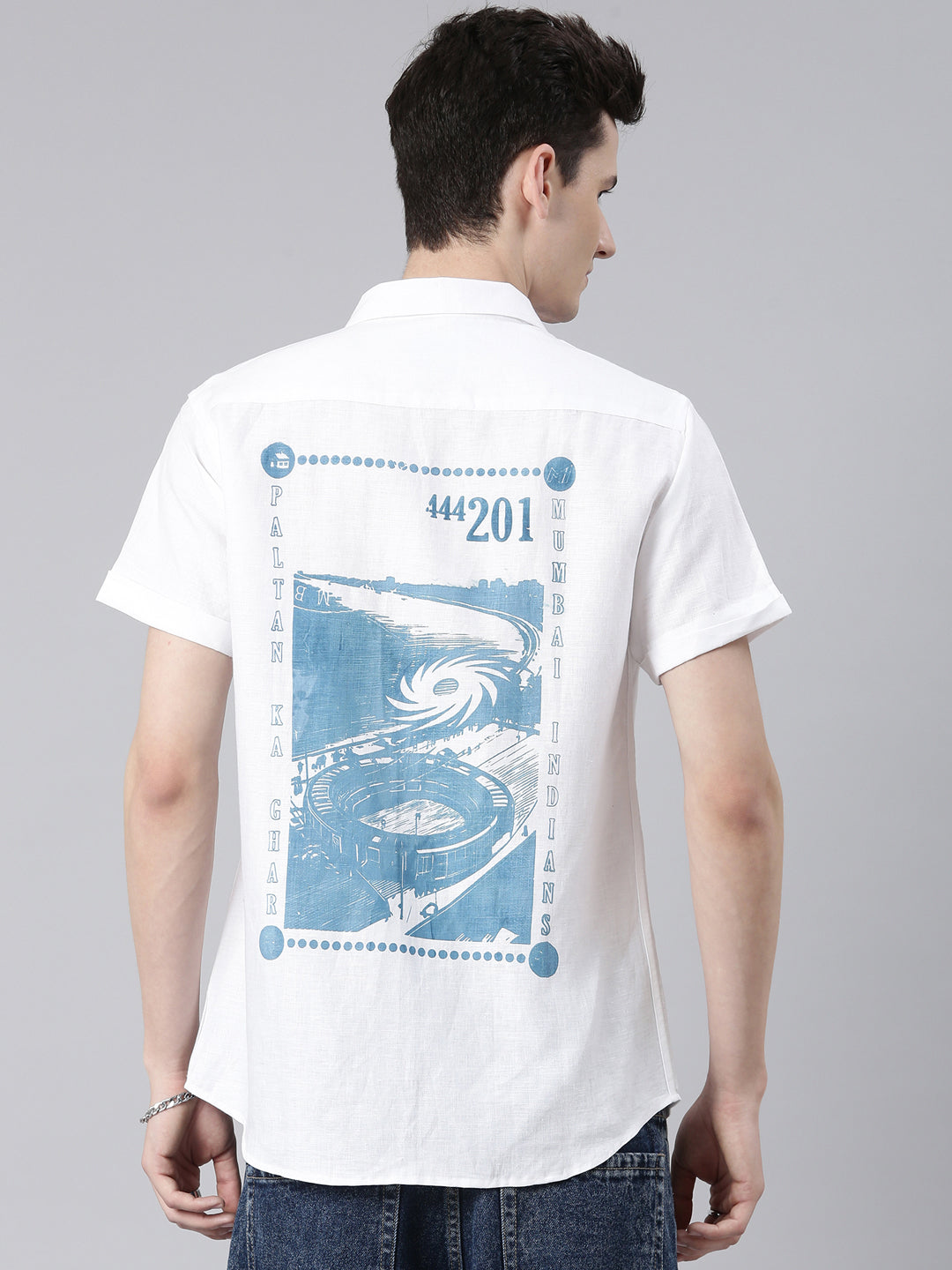 MI: Men White Back Printed Hemp Half Sleeves Shirt - MI Shop