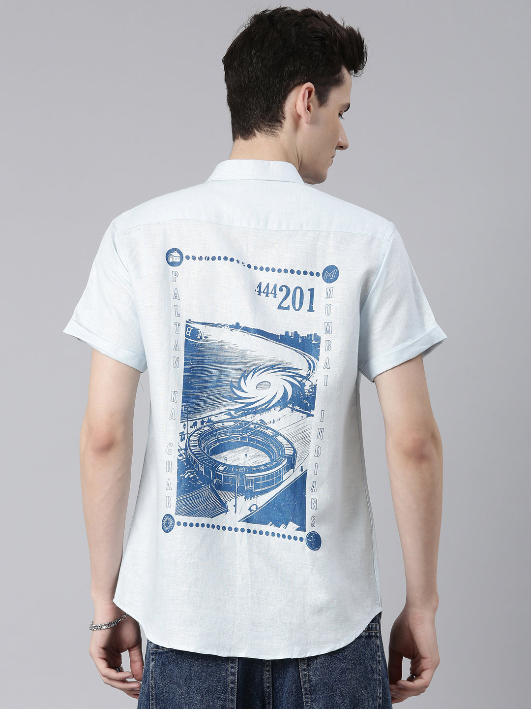 MI: Men Light Blue Back Printed Hemp Half Sleeves Shirt - MI Shop