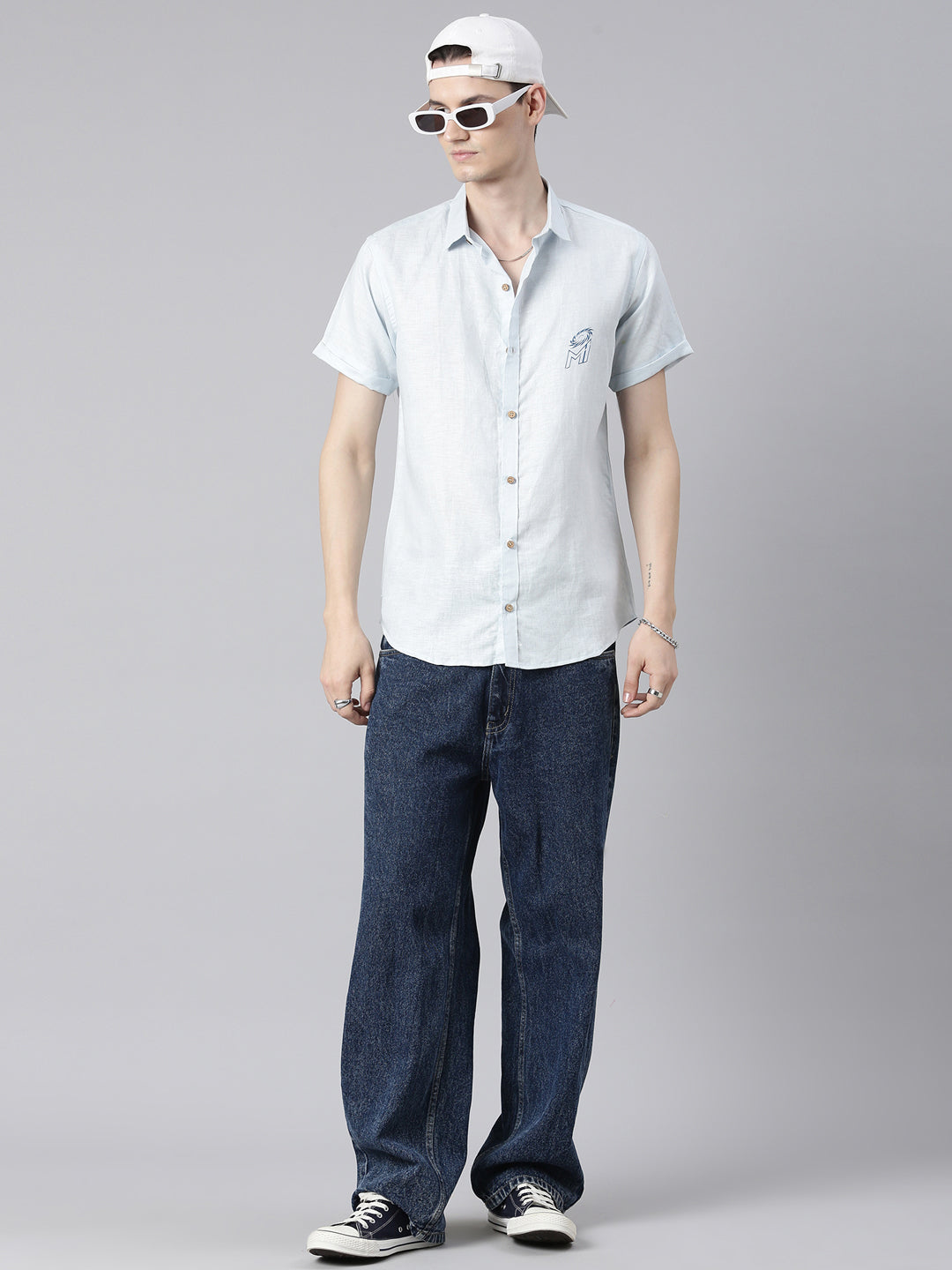 MI: Men Light Blue Back Printed Hemp Half Sleeves Shirt - MI Shop