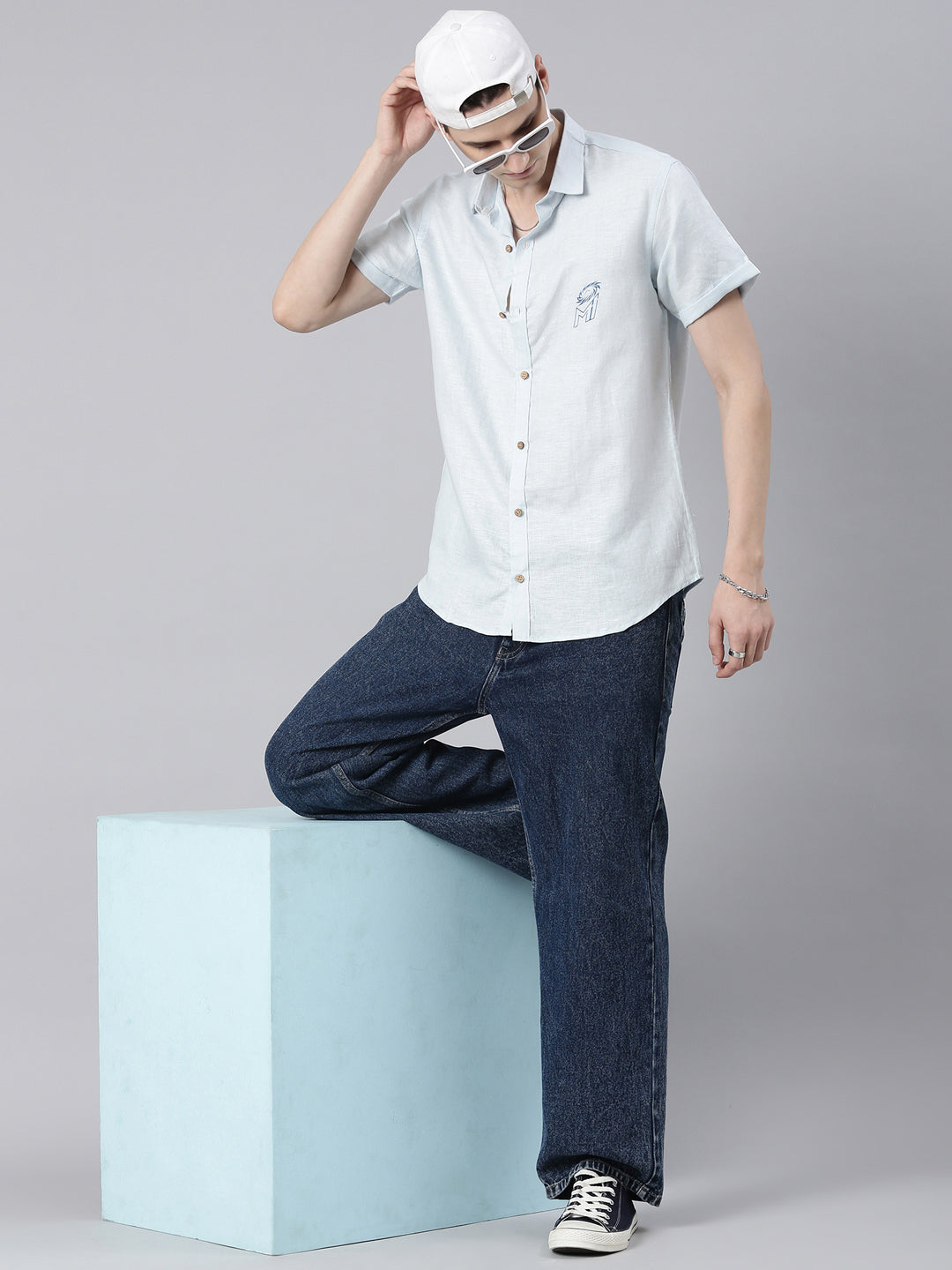 MI: Men Light Blue Back Printed Hemp Half Sleeves Shirt - MI Shop