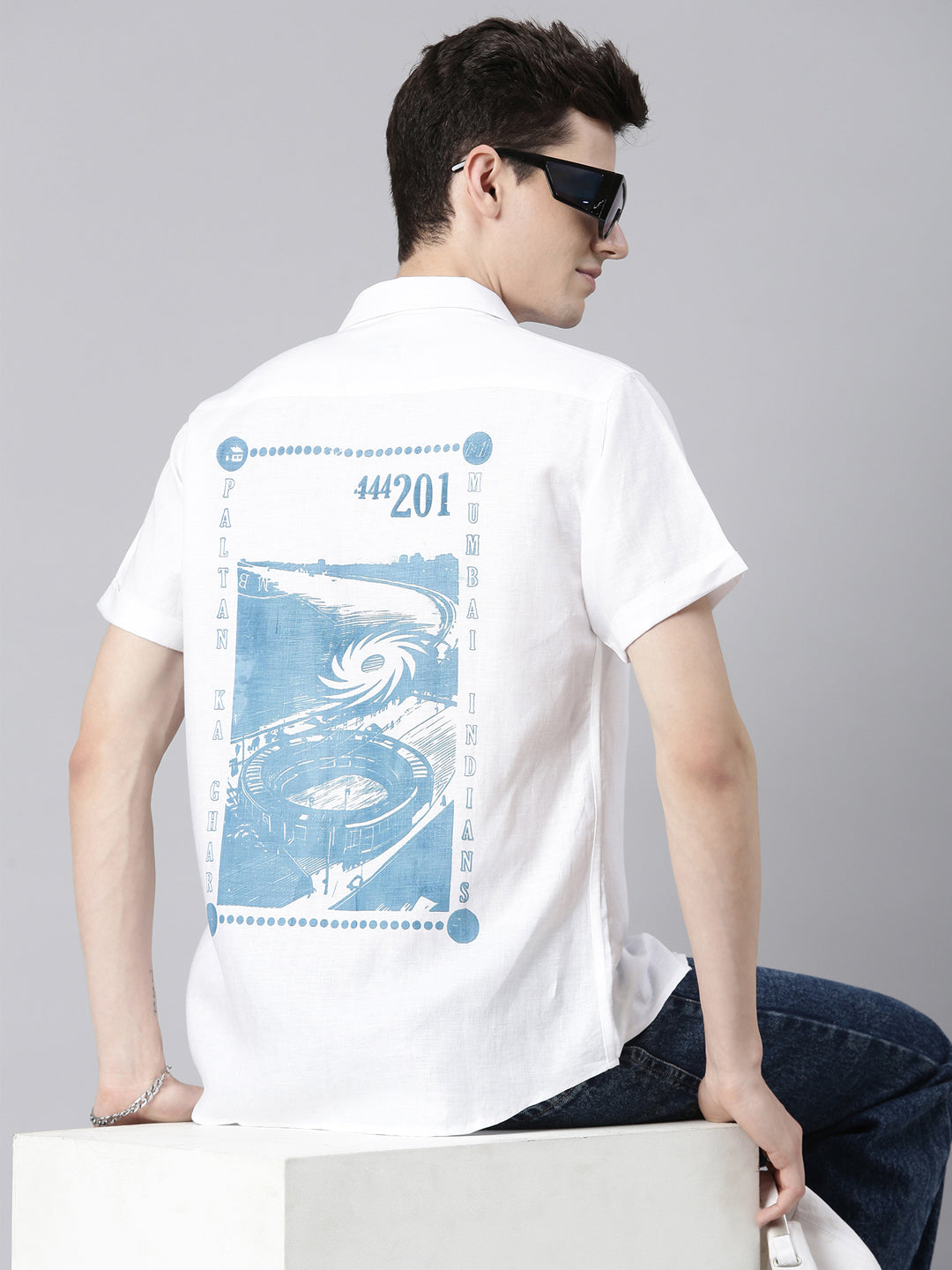 MI: Men White Back Printed Hemp Half Sleeves Shirt